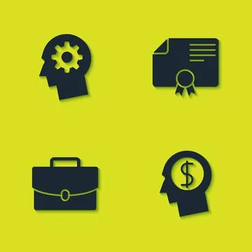 Set Human head with gear inside, Business planning mind, Briefcase and Certif Stock Illustration