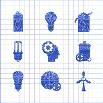 Set Human head with gear inside, Planet earth and recycling, Wind turbine, .. Stock Illustration