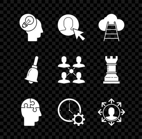 Set Human head with lamp bulb, User of in business suit, Ladder leading to cloud Illustrazione stock