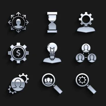 Set Human head with lamp bulb Magnifying glass for search people and gear Pro Stock Illustration