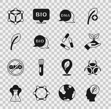 Set Human head with leaf inside, Biohazard symbol, Plant hand, DNA, healthy.. Illustration