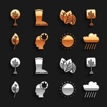 Set Human head with leaf, Tree, Cloud rain, Sun, Leaf or leaves, and Waterproof Stock Illustration