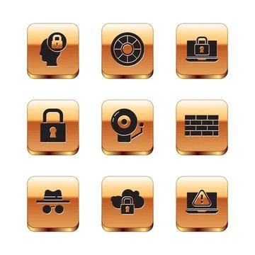 Set Human head with lock, Incognito mode, Cloud computing, Ringing alarm bell Stock Illustration