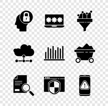 Set Human head with lock, Laptop password, Sales funnel chart, Document sea.. Stock Illustration