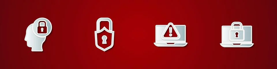 Set Human head with lock, Lock, Laptop exclamation mark and and icon. Vector Stock Illustration