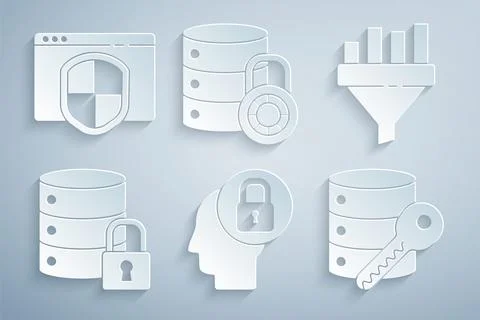 Set Human head with lock, Sales funnel chart, Server security, key, and Browser Stock Illustration