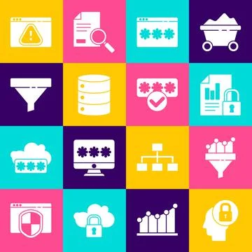 Set Human head with lock, Sales funnel chart, Document and, Password protecti Illustrazione stock