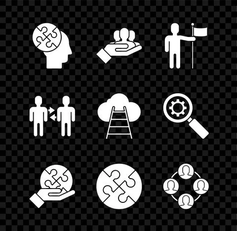 Set Human head puzzles strategy, Project team base, Man holding flag, Piece of Stock Illustration