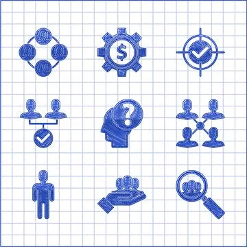 Set Human head with question mark, Project team base, Magnifying glass for Stock Illustration