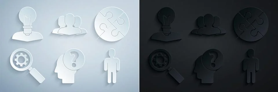 Set Human head with question mark Piece of puzzle Magnifying glass and gear U Stock Illustration