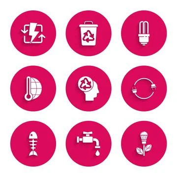 Set Human head with recycle, Water tap, Light bulb leaf, Electric plug, Fis.. Stock Illustration