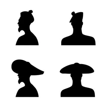 Set human head silhouettes in different hats Illustrazione stock