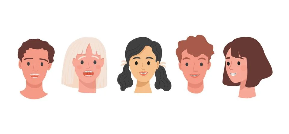 Set of human heads with braces on teeth vector flat illustration isolated on Stock Illustration