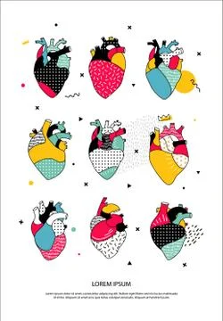 Set of human hearts in the Memphis style. Stock Illustration