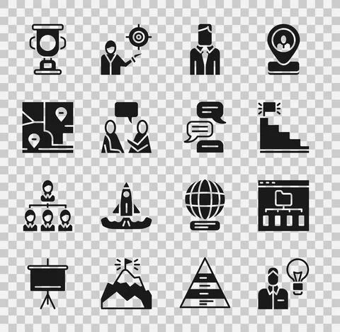 Set Human with lamp bulb, Browser files, Stair finish flag, Worker, Two sitting Stock Illustration