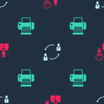 Set Human with lamp bulb, resources and Printer on seamless pattern. Vector Illustrazione stock