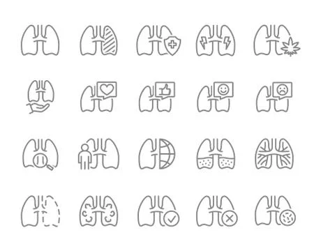 Set of human lungs line icon. Healthy internal organ, respiratory illness Stock Illustration