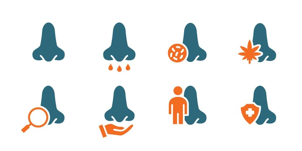Set of human nose colored icon. Healthy olfactor organ, diseases of nose and Stockillustratie