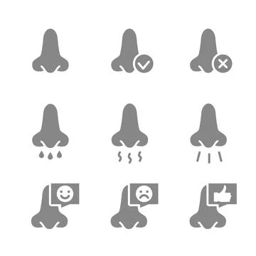 Set of human nose grey icon. Healthy olfactor organ, diseases of nose and Stockillustratie