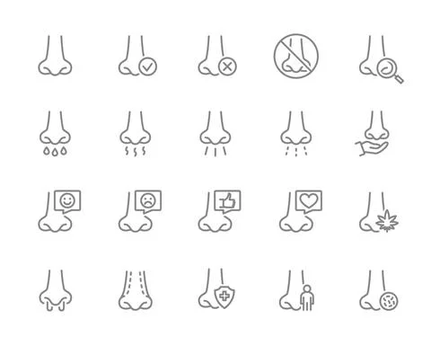 Set of human nose line icon. Healthy olfactor organ, disease of paranasal Stock Illustration