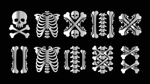 Set of human skull and crossbones silver metallic gradient symbols and embl.. Illustrazione stock