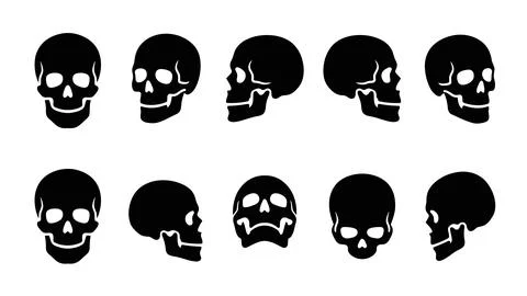 Set of human skull black silhouettes from various angles for horror graphic.. Stock Illustration