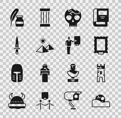 Set Human skull, Castle tower, Picture, Broken human, Egypt pyramids, Dagger Ilustración de archivo