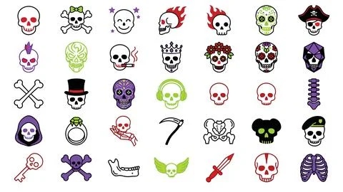 Set of human skull designs featuring gothic elements and floral accents for.. Иллюстрация