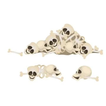 Set of human skulls and bones lying in a heap isolated on white background Stock Illustration
