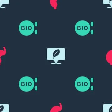 Set Human stomach, Location with leaf and Bio healthy food on seamless pattern Illustrazione stock