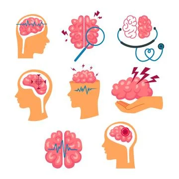 Set of human stroke brain icons set collection, Signs of sudden blood clot .. Stock Illustration
