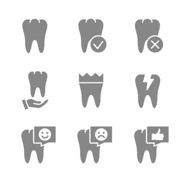 Set of human teeth gray icon. Teeth illness, diagnosis, health care, treatment Stock Illustration