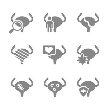 Set of human urinary bladder gray icon. Healthy internal organ, muscular organ Stock Illustration
