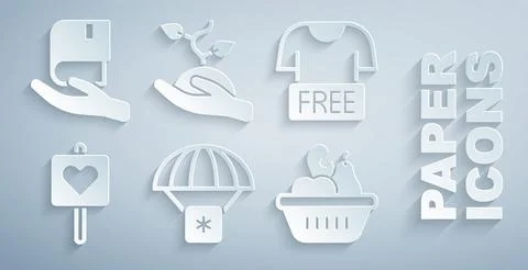 Set Humanitarian aid, Clothes donation, Location with heart, Donation food box Stock Illustration