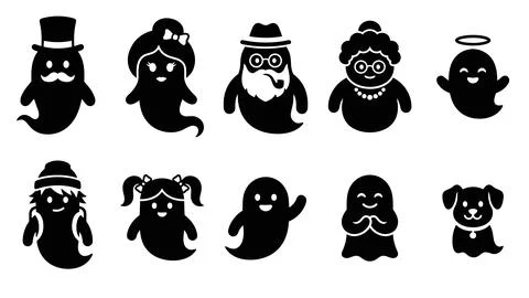 Set of humanized ghost characters with various accessories. Stock-Illustration
