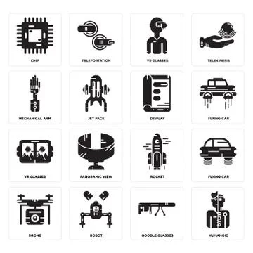 Set of Humanoid, Google glasses, Drone, Rocket, Vr Display, Mechanical arm, C Free Stock Illustration