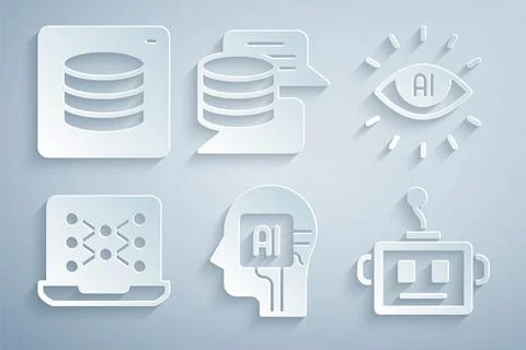 Set Humanoid robot, Artificial intelligence AI, Neural network, Server, Data and Stock Illustration