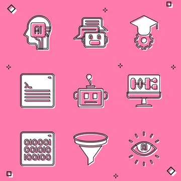 Set Humanoid robot, Chat, Graduation cap, Web developer programming code Stock Illustration