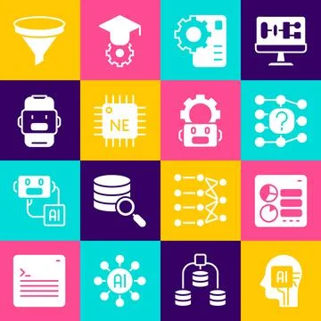 Set Humanoid robot, Computer api interface, Neural network, Processor CPU, Chat Stock Illustration