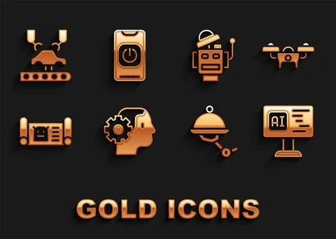 Set Humanoid robot, Drone, Software, Waiter, Robot blueprint, Robotic arm f.. Stock Illustration