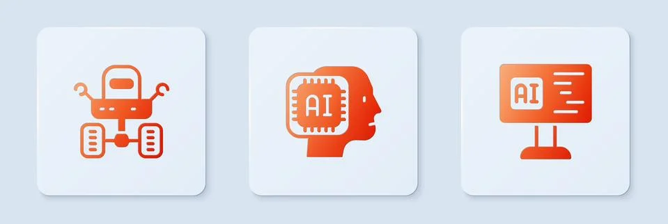 Set Humanoid robot, Mars rover and Software. White square button. Vector Illustrazione stock