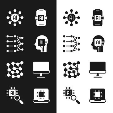 Set Humanoid robot, Neural network, Artificial intelligence AI, Computer monitor Illustrazione stock