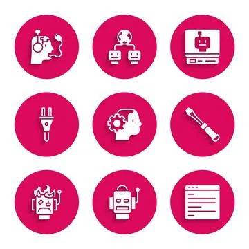 Set Humanoid robot, Robot, Computer api interface, Screwdriver, burned out Stock Illustration