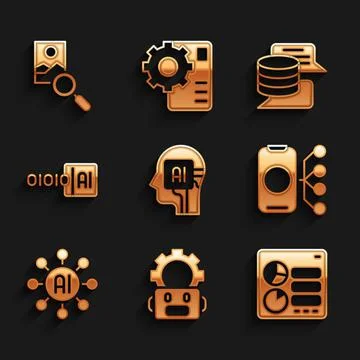 Set Humanoid robot, Robot setting, Computer api interface, Neural network Stock Illustration