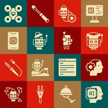 Set Humanoid robot, Robot, setting, Turn off from phone, Drone and icon. Vector Stock Illustration