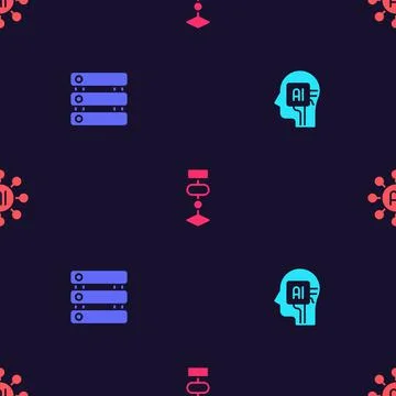 Set Humanoid robot, Server, Data, Algorithm and Neural network on seamless 库存插图