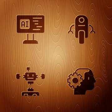 Set Humanoid robot, Software, Disassembled and Robot on wooden background Stock Illustration