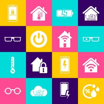 Set Humidity, Smart home with wi-fi, glasses, Battery, Power button, Glasses Ilustração Stock