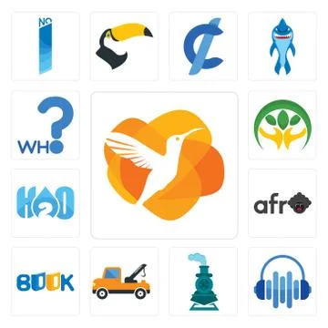 Set of humming bird, audio visual, , tow truck, book, afro, h2o, hand holding Illustrazione stock gratuita