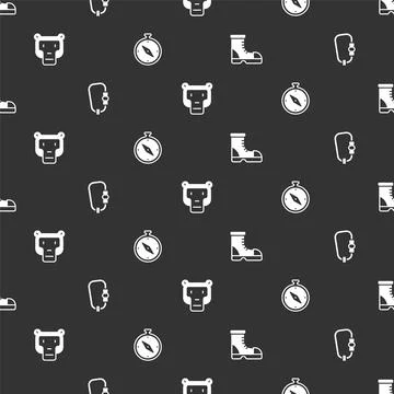 Set Hunter boots, Carabiner, Monkey and Compass on seamless pattern. Vector Stock Illustration